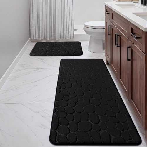 YIHOUSE Bathroom Rugs Mat Set, Memory Foam Bath Mat 2 Piece Black | 17x24&20x46, Non Slip, Water Absorbent, Washable, Bath Mat For Bathroom, Sink and Toilet - color: Black, size: 3'10" x 1'8" (Rectangular)