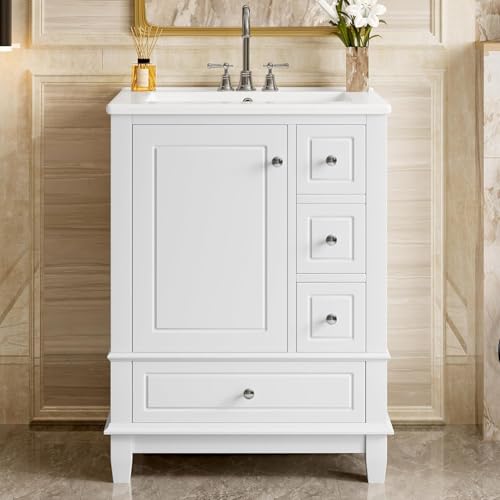 Linique 24" Modern Bathroom Vanity with Sink Combo Set, 3 Drawers, Soft Closing Door with Organizer, White - color: White, size: 24"/ Door with Organizer
