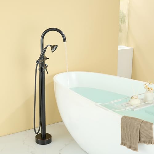 Wowkk Tub Filler Freestanding Bathtub Faucet Oil Rubbed Bronze Floor Mounted Brass Bathroom Tub Faucets with Hand Shower - color: Oil Rubbed Bronze