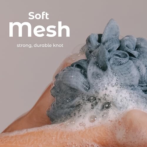 MainBasics Shower Loofah Sponge Pouf, Set of 3, Airy Blossom | Soft Mesh Body Scrubber and Bath Sponge for Gentle Exfoliation, Rich Lather, and Everyday Shower Use - style: Airy Blossom