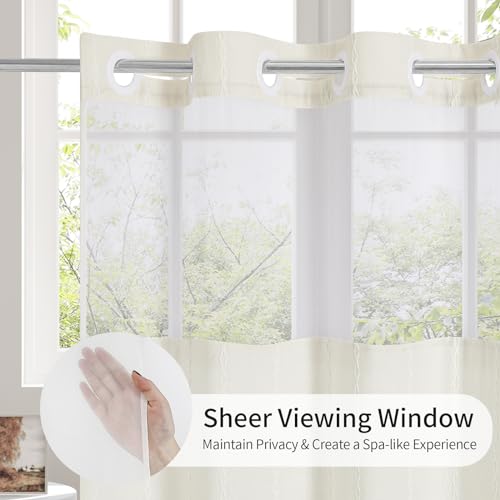 MitoVilla No Hooks Needed Farmhouse Shower Curtain with Snap-in Liner - with Window & Magnets, Boho Cotton Linen Fabric Shower Curtains with Tassels for Rustic Bathroom Decor, Ivory, 72 x 74 - color: Ivory - Win