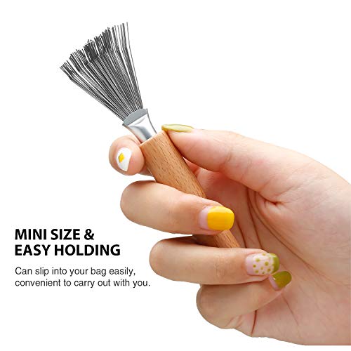Boao Hair Brush Cleaner, 2 Pieces Mini Hair Dirt Remover Brush with Metal Wire Rake, Wooden Handle for Home and Salon Use(Handle with Groove)