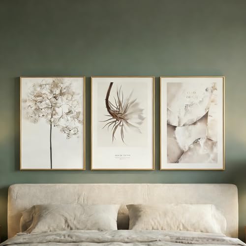 (Freedom. Life. Goals)Bohemian Neutral Wall Art Set of 3, Framed Beige Dandelion, Epiphyllum & Ocean Wave Crystal Prints with Gold Frame, Minimalist Botanical Wall Decor for Living Room Bedroom Bathroom（24 inches *16 inches）