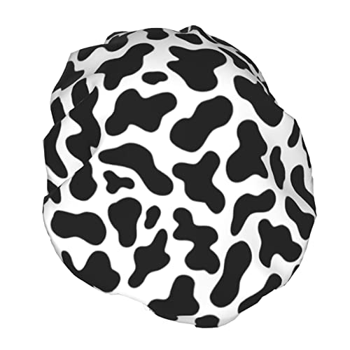 Black And White Cow Skin Abstract Animal Farm Shower Cap For Women Adjustable Double Waterproof Layers Bathing Bath Cap Hair Protection Reusable Ladies Spa Salon Shower Hat - color: Balck And White Cow Skin Abstract Animal Farm