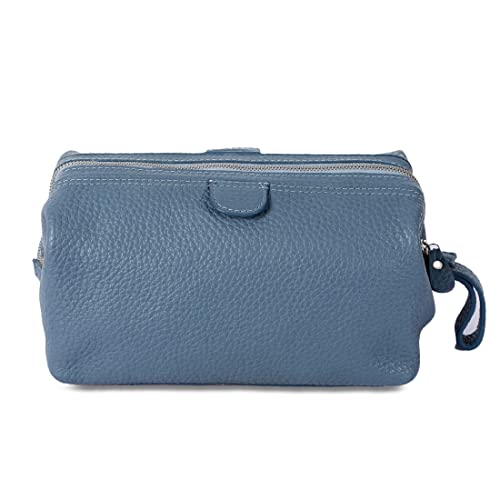 KomalC Premium Buffalo Leather Toiletry Bag for Men & Women With Water resistant Lining, Grooming Travel Pouch, Unisex Wash Bag for Toiletries, Gifts for Men and Women - color: Blue