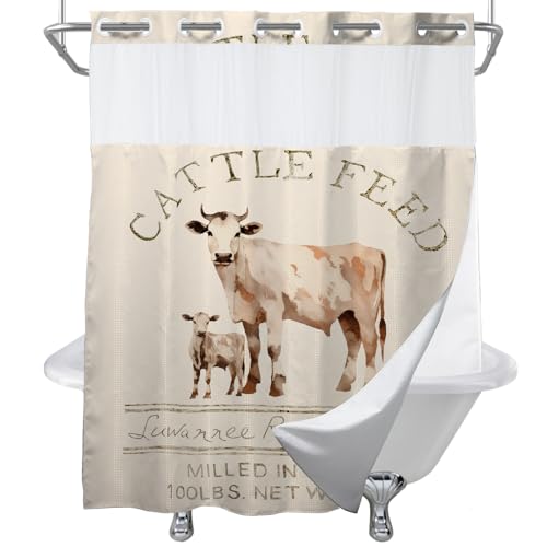 Farmhouse Abstract Animal Cattle Feed Cow Rustic Theme No Hook Waffle Weave Shower Curtain with Snap in Liner Polyester Fabric Bathroom Decor Set 72 W x 74 H Inch Ivory White Teal - size: 72"W x 74"L (Pack of 1)