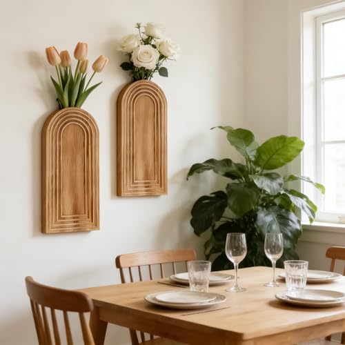 2 Pack Wooden Wall Vase Set, Boho Hanging Planter for Indoor Plants & Flowers, Wood Wall-Mounted Planters for Living Room, Modern Farmhouse Entryway or Bathroom, Rustic Art for Home (Brown) - color: Brown