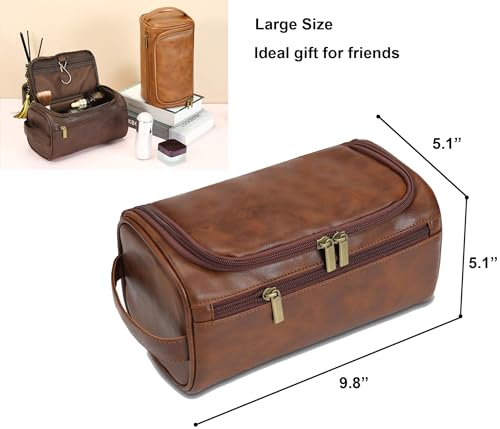 Toiletry Bag for Men, Travel Shaving Dopp Kit Water-resistant Bathroom Toiletries Organizer PU Leather Cosmetic Bags - color: redbrown