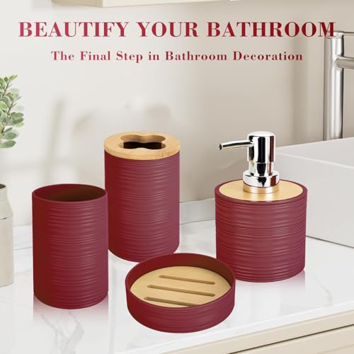 4 PCS Burgundy Bathroom Accessories Set, Includes a Soap Dispenser, Toothbrush Holder, Soap Dish and Mouthwash Cup, Plastics & Bamboo Bathroom Set, Bohemian Style Bathroom Sink Set - color: Burgundy, size: 4 PCS