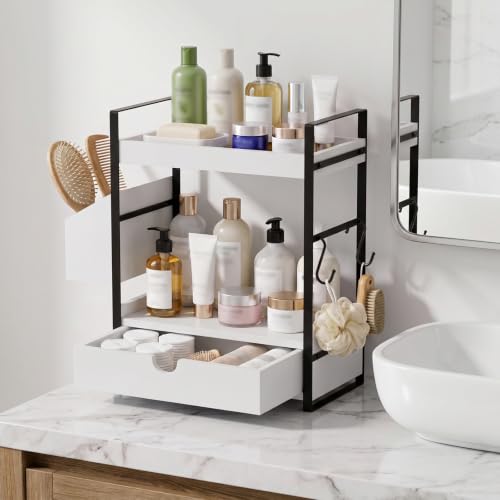Kottwca 2-Tier Bathroom Counter Organizer with Drawer, Basket & Hooks, Wooden Vanity Shelf for Skincare, Perfume & Makeup Storage(White) - color: White