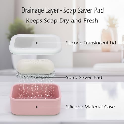 AIDIMMING Leak Proof Silicone Travel Soap Case with Clear Lid & Drain Pad, Compact Bar Soap Container, Portable Soap Holder for Standard Bar Soap & Handmade Soap, Travel Camping Gym (Clear&Pink) - color: Clear&pink