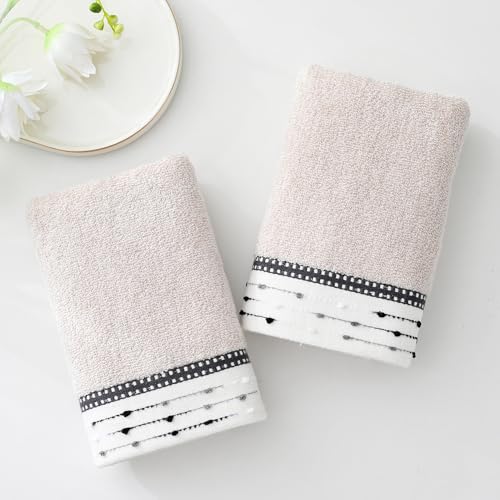 YiLUOMO Beige Hand Towels Tiny Furball Decorative Design Super Soft 100% Terry Cotton Highly Absorbent Hand Towel Set of 2 Everyday Use for Home Bathroom 13 x 29 Inch - color: Beige