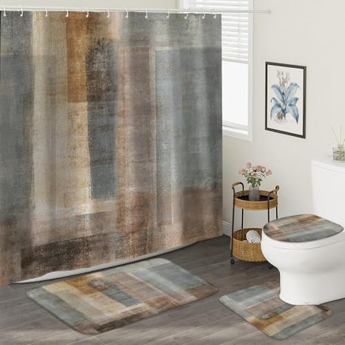 4Pcs Shower Curtain Set, Brown Grey Rustic Vintage Farmhouse Bathroom Shower Curtain with Rugs and Accessories,with Non-Slip Rugs, Toilet Lid Cover and Bath Mat for Bathroom Decor Set - color: Brown Grey