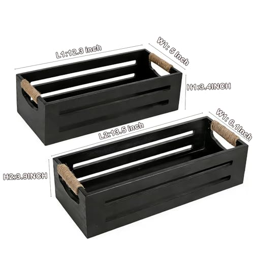 2Pack Wooden Bathroom Storage Crates with Rope Handles - Rustic Farmhouse Toilet Tank Topper Organizer Bin for Toilet Paper, Bathroom Decor, Kitchen Countertop & Home Organization (Black) - color: Black
