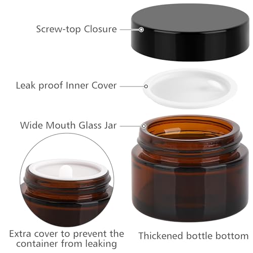 Accmor Amber Glass Jars with Lids, 10 Pcs Cosmetic Containers with 5 Spatula, Inner Liners, 0.18/0.35/0.53/0.7/1 OZ Size Makeup Mini Travel Containers LeakProof, UV-Protective, for Creams, Lotions - color: Amber