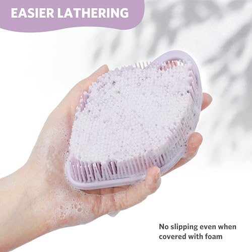 Sndyi Silicone Body Scrubber, Gentle Exfoliating Body Scrubber for Sensitive Skin, Leaf Shaped Shower Scrubber for Body with Lathering Bristles, Silicone Loofah Body Brush for Showering, Purple - color: Purple