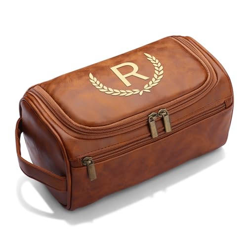 OXYEFEI Personalized Toiletry Bag for Men,Personalized Gifts for Men,Engraved Initial PU Leather Mens Toiletry Travel Shaving Travel Essentials Toiletries Bag for Him Birthday (R, Light Brown) - color: Light Brown, style: R