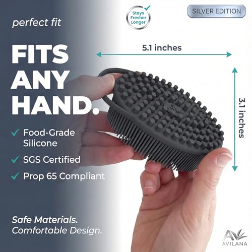 Avilana Silicone Body Scrubber for Shower – SGS Certified Food Grade Dual Sided Bath Brush, Gentle Exfoliating Silicone Loofah Alternative, Sensitive Skin Body Brush (Blue-Silver, Massage) - color: Blue-silver, size: Massage
