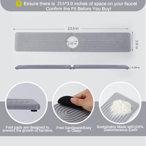 Fast Drying Stone Faucet Mat for Kitchen Sink with Raised Feet | Diatomaceous Earth Sink Mat , Quick Dry Water Absorbing Stone Tray, Faucet Splash Guard for Kitchen Sink, (Grey 23.6" x 3.9") - color: Gray.23.6" x 3.9"