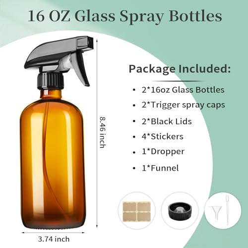 GIVAMEIHF 16oz Amber Glass Spray Bottles,2 Pack Glass Spray Bottles Refillable Empty Bottle with Adjustable Nozzle,Spray Bottle for Essential Oils,Cleaning,Pets,Hair Mister