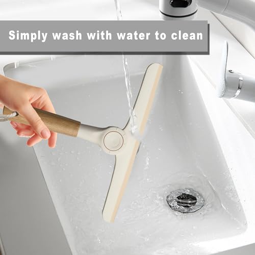 Show Squeegee for Glass Door Bathroom Squeegee with Bamboo Handle Show Wiper for Glass Door Window Tile Wall Car Windshield Mirror (Off White) - color: Off White