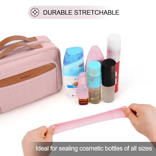 COOSKY Travel Hanging Toiletry Bag for Women, Large Makeup Bag 8 Leak Proofing Silicone Bottle Covers, Waterproof Cosmetic Bag with Jewelry Organizer Compartment, Toiletries Kit Set, Pink - color: Baby Pink, size: Large*1 + Leak Proofing Bottle Covers*8