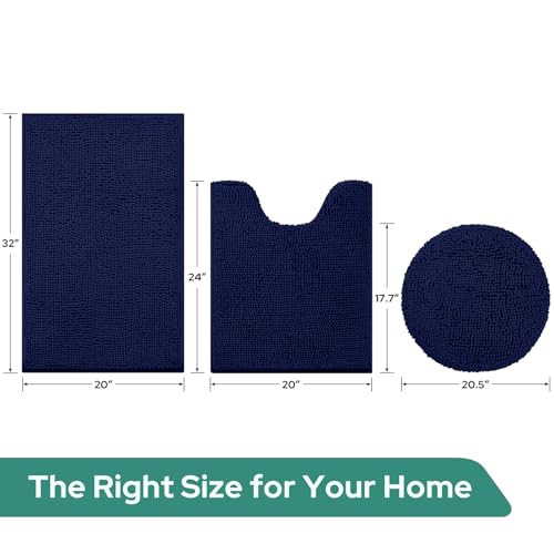 HOMEIDEAS 3 Pieces Navy Blue Bathroom Rugs Set, Ultra Soft Non Slip Bath Rug and Absorbent Chenille Bath Mat, Includes U-Shaped Contour Rug, Bath Mat and Toilet Lid Cover, Perfect for Bathroom, Tub - color: Navy Blue, size: 20"x32"+U 20"x24"+Cover 18"x21"