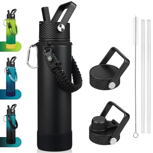 BJPKPK 27oz Insulated Water Bottles with 3 Lids, Paracord Handle & Non-slip Boot, Stainless Steel Metal Water Bottle with Straw, BPA Free Leak Proof Thermal Flasks, Tumblers,Black - color: Black, size: 27 Ounces