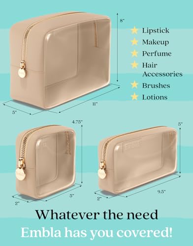 Clear Cosmetic Bags Set of 3, Mini Small Large Makeup Bags For Women Clear Pouch Cosmetics Cases Zipper Cute Pouches Make Up Travel Toiletry Essentials Preppy Purse Organizer Makeup Cases, Sand | Large, Medium & Small Clear Nylon/PVC Cosmetic Bags with Zi