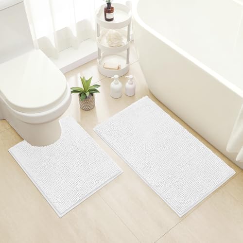 HOMEIDEAS Bathroom Rugs Set 2 Pieces, Ultra Soft Non Slip Absorbent Chenille Toilet Bath Mat Set (White) - color: White-white, size: 1'8" x 2'8" (U Shape 20"x24"+20"x32")