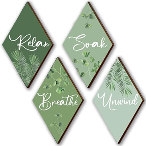 DONFENTHY 4 Pcs Sage Green Bathroom Decor Green Bathroom Accessories Relax Soak Unwind Breathe Wooden Sign Hanging Wall Art for Bedroom Living Room Office Decorations(12x7 Inches)