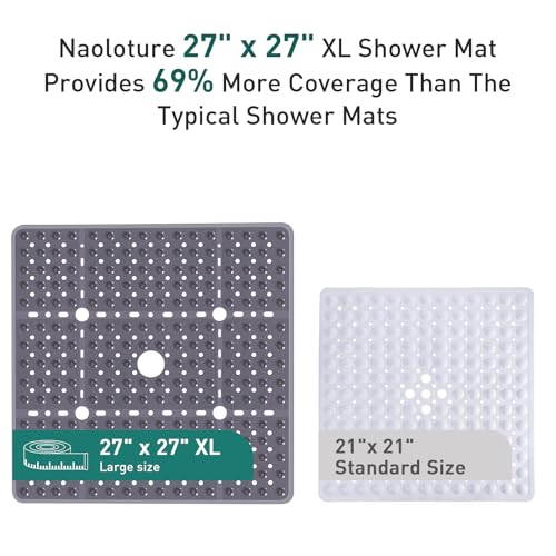 Large Square Shower Mat 27 x 27 Inch Gray, Non Slip Shower Bathtub Mats for Inside Shower with Big Suction Cups Drain Holes, Anti Slip Bathroom Floor Shower Stall Mats, Easy Clean, BPA-Free - color: Grey