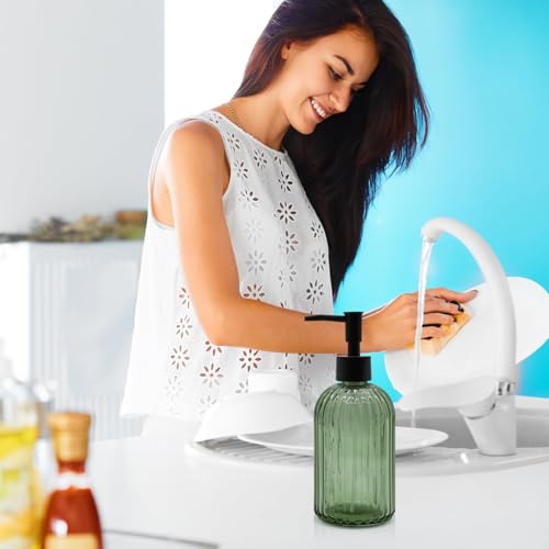 14oz Green Glass Soap Dispenser with Black Pump – Refillable for Hand Soap, Dish Soap, Lotion, Suited for Kitchen, Bathroom & Laundry Room (Olive Green) - color: Olive Green