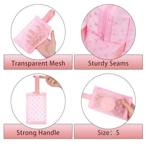 6 Pieces Zipper Mesh Makeup Bags Set, Nylon Cosmetic Bags Portable Clear Toiletry Bas Travel Organizer Bags for Office Travelling Organization (Pink Heart Printed, Assorted Size) - color: Pink Heart Printed