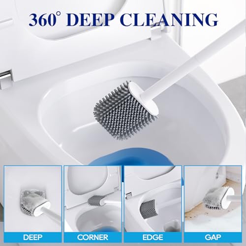 HONOVA Silicone Toilet Bowl Brush with Holder, 2 Pack, White | Ventilated Holder, Floor Standing & Wall Mounted, Toilet Cleaner Brush for RV Travel, Camper, Family Bathroom - style: 2 Pack
