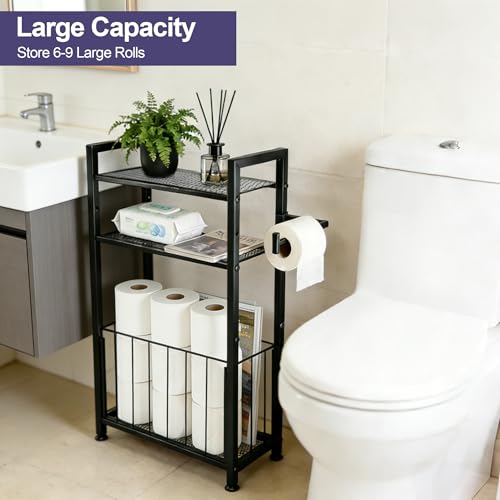 Free Standing Toilet Paper Holder with Shelf, Adjustable Feet Bathroom Toilet Paper Holder Stand for Narrow Space, Roll Dispenser Tissue Holder, Holds Multiple Rolls and Keeps Paper Dry and Clean - color: Black