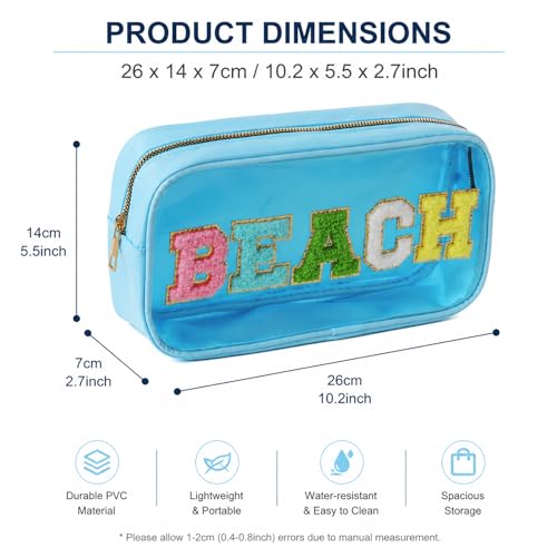 Women Clear Beach Makeup Bag with Chenille Letters-PVC Waterproof Visible Cosmetic Sunscreen Organizer for Pool, Swimming & Travel, Trendy Toiletry SPF Pouch - style: Blue-beach