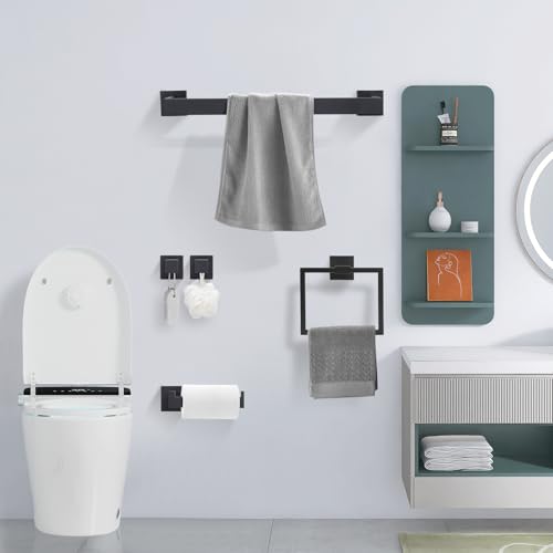 Stainless Steel Matte Black Bathroom Hardware Accessories - 5 Piece Set with 16 inch Square Towel Bar, Towel Rack & Holder - color: Matte Black