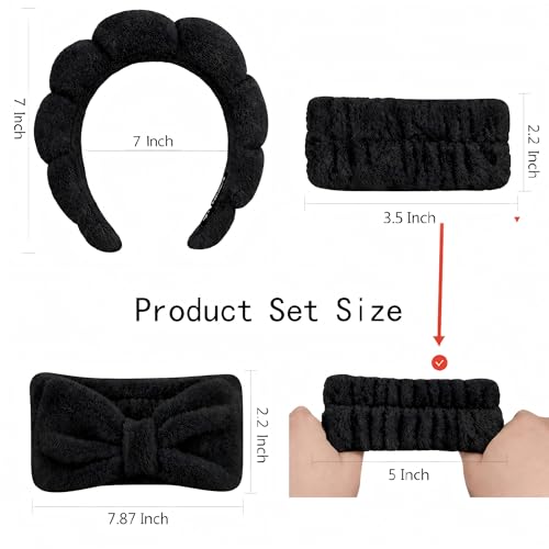 Spa Headband for Washwing Face Wristband Set, Black | Soft absorbent fabric, snug head-hugging fit for face washing, skincare, makeup, masks, travel, women and teen girls - color: Black