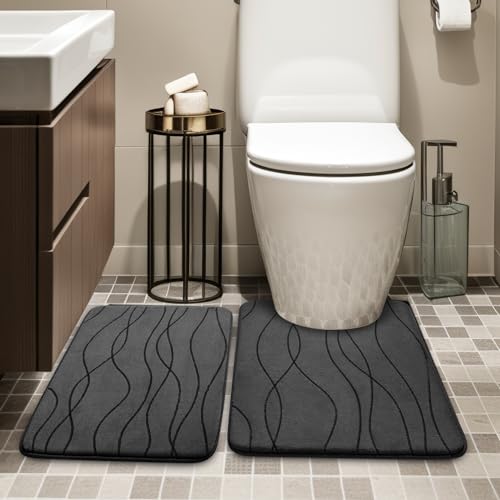 YIHOUSE Bathroom Rugs Set 2 Piece, Memory Foam Bath Mat Dark Grey | U Shaped+Small Mat, Ultra Soft, Absorbent, Non-Slip, Machine Washable, for Bathroom, Sink and Toilet - color: Dark Grey, size: 2' x 1'5" (Rectangular)