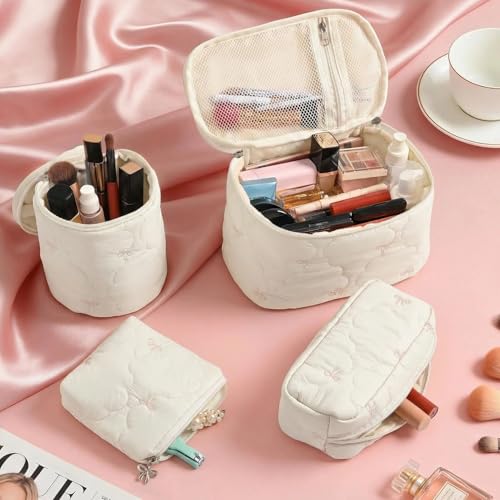 4Pcs Quilted Makeup Bag Set, Cute Bowknot Puffy Makeup Bag Toiletry Bag w/ Bow Zipper Travel Essentials Large Water-Resistant Travel Makeup Bag Versatile Cosmetic Organizer Pouch for Women Girls - color: Beige