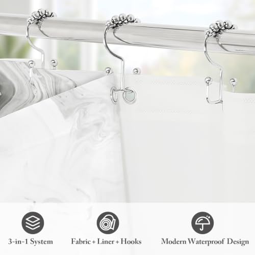MitoVilla 3 in 1 Stall Half Size Grey Marble Shower Curtain Set-36 W x 72 H, Modern Ripple Shower Curtain and Waterproof Fabric PEVA Liner Set with Stainless Steel Hooks - color: 3 in 1 - Grey, size: 36"W x 72"L (Pack of 1)