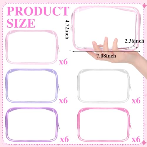 Shinylin 30 Pcs Clear Makeup Bag with Zipper PVC Toiletry Bag Portable Waterproof Make up Pouches Clear Makeup Case Organizer for Women Travel Toiletries Bathroom Organizing (Pink and Purple)