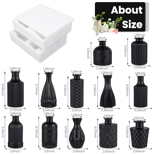 TBWIND 12pcs Glass Black Bud Vases Set, Small Vases for Flowers, Bud Vase for Centerpieces in Bulk, Mini Vintage Vase for Rustic Wedding Decorations, Office and Home Table Flower Décor - color: Black-12pcs, size: 12Pcs