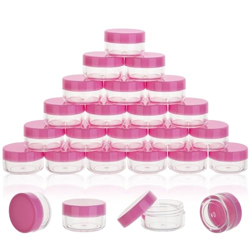 25 Count 5 Gram Sample Containers, Clear Lip Balm Containers with Lids, Small Plastic Sample Jars with 2 Mini Spoons, 25pcs Labels (Pink Lid) - color: Pink, size: 25 Count