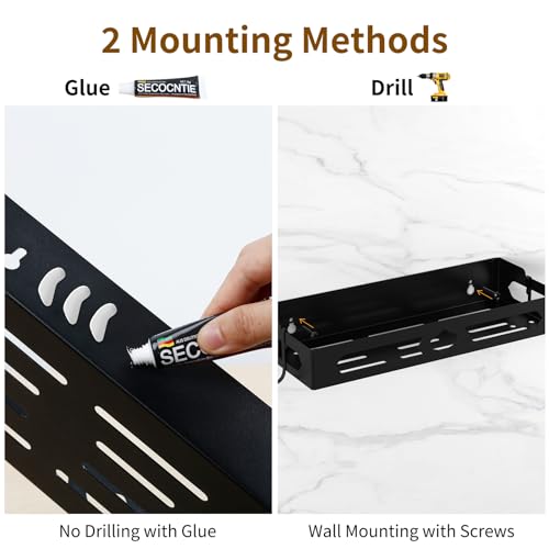 Paper Towel Holder Wall Mount for Kitchen, Easy One-handed Operation Design, Self Adhesive Paper Towel Holder with Shelf for Bathroom, RV Paper Towel Rack Paper Roll Holder with 2 Hooks, Black - color: Black