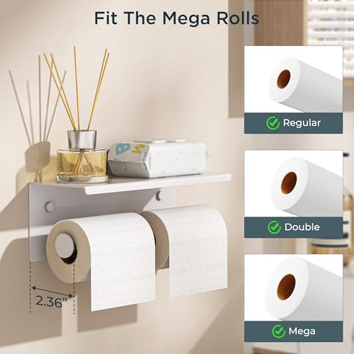 FORIOUS Double Toilet Paper Holder with Shelf, Wall Mount Tissue Roll Holder for Bathroom, 304 Stainless Steel Commercial Toilet Tissue Dispensers with Phone Shelf (1, White) - color: White