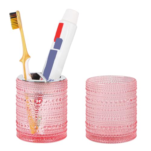 Pink Toothbrush Holders for Bathrooms, Glass Toothbrush Holder with 2 Slot Divider, 10oz Bathroom Tumbler and Mouthwash Cup, Tooth Brush Holder for Brushes, Toothpaste - color: Pink