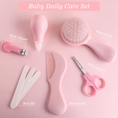 Baby Grooming Kit 6 - Piece Set in Storage Bag(Pink) - Soft Brush, Comb, Nail Clippers, Nasal Aspirator, Safety Scissors & File for Newborn/Toddler Care - color: Pink