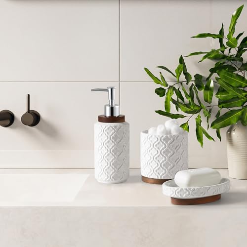 RQYIXI Elegant 5 PCS Ceramic&Wood Bathroom Accessories Set:Soap Dispenser,Toothbrush Holder,Tumbler,Soap Dish,Cotton Swab Jar,Easy to Clean,Quatrefoil Pattern,White-Affordable Home Luxury - color: White Set-5pcs
